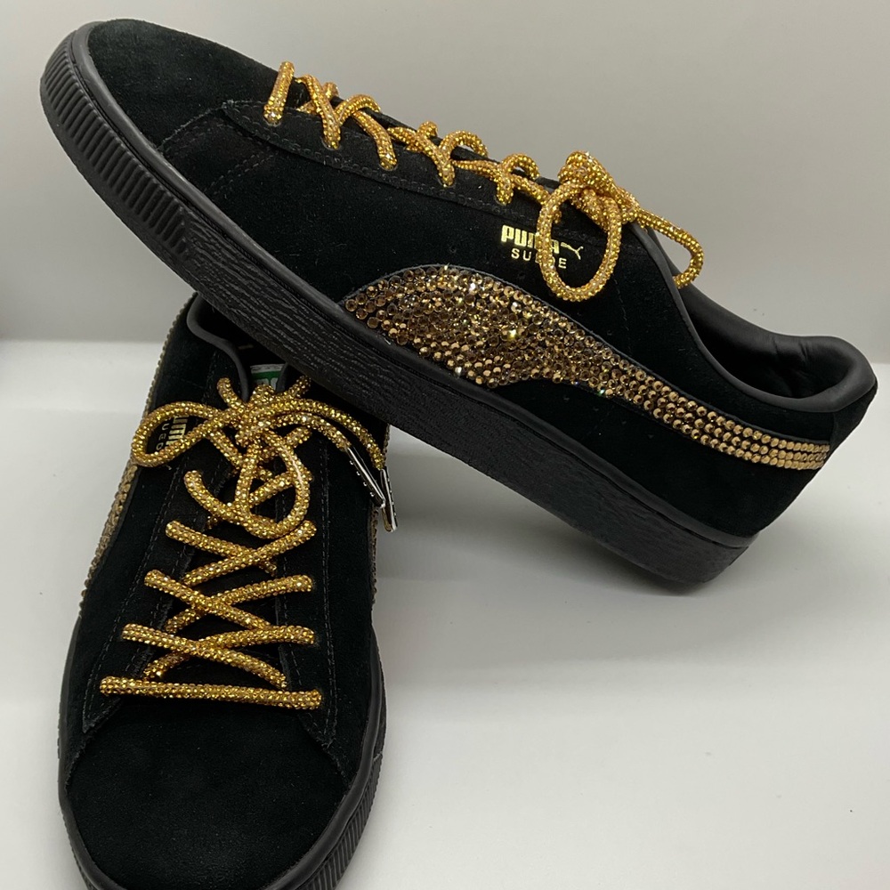 PUMA SUEDE CLASSIC Sneakers Womans 8 W/GOLD Swavorski Stones & Laces! BLK/BLK